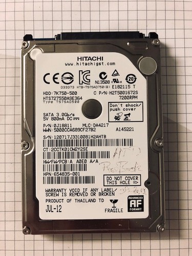 HITACHI TRAVELSTAR 7K750 500GB 7.2K 16MB SATA II HTS727550A9E364 2.5" geprüft!