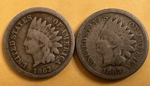 Lot Of 2 1863 1C Copper-Nickel Indian Head Cent VG And G Details