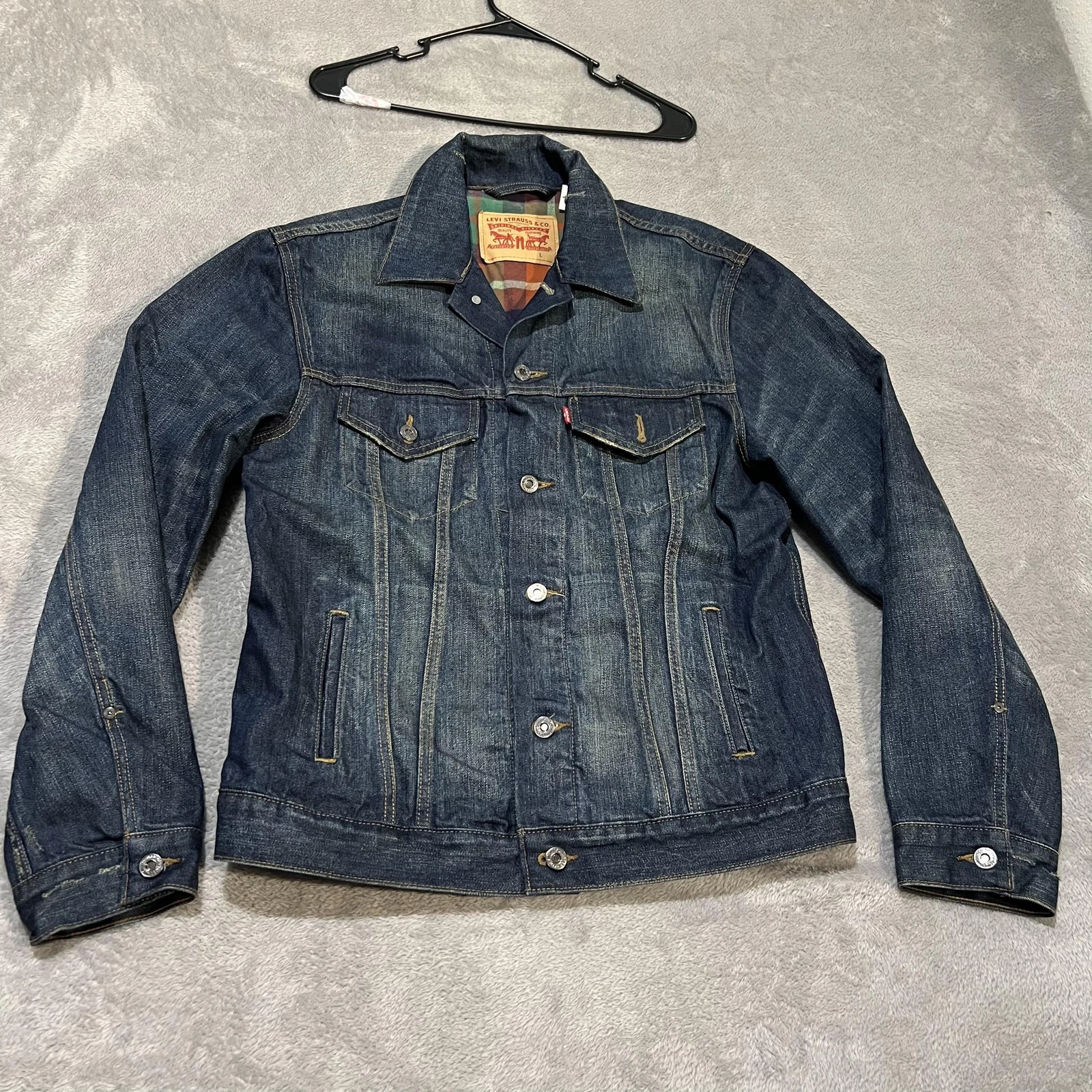 Levis Denim Jacket Mens Large Blue Plaid Flannel Lined Button Front Western