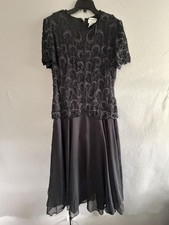 Papell Boutique Evening Dress Womens 14 Black Beaded Paisley Chiffon Maxi