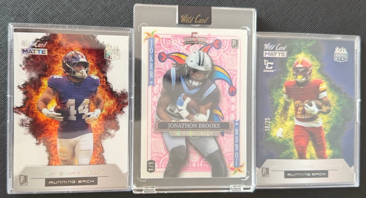 Wild Card: NFL Rookie RB Lot | Skattebo /75, Brooks 1/1 & Croskey-Merritt /25