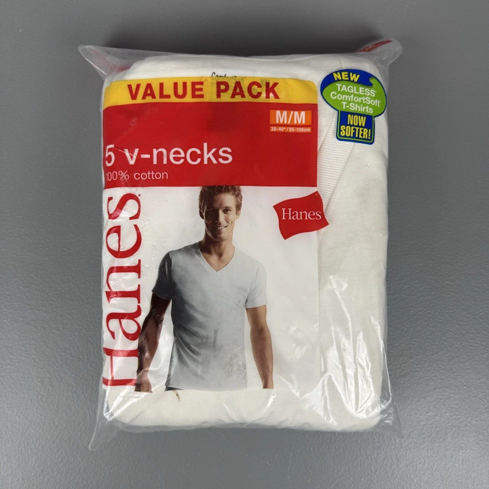 VTG Hanes T-Shirt Men M 38-40" White 5 Pack V-Neck Tagless Cotton 777P5 NOS 2006