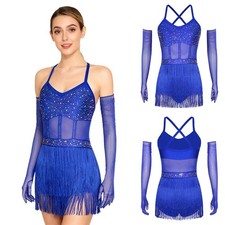 Women Dance Costume Rhinestones Tassel Leotard Dress With Gloves Tango Ballroom