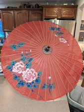 Vintage Handmade and painted Japanese Bamboo Rice Paper Parasol Cherry Blossoms