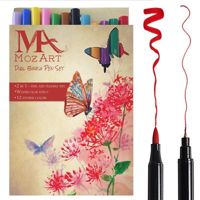 Dual Tip Brush Pen Marker Set - 12 Colors - Soft Flexible & Fineliner Tip,... 