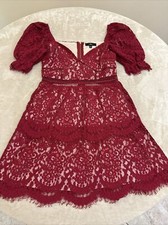 LULUS  Womans Red LACE OVERLAY Floral Fit & Flare Dress Size Small