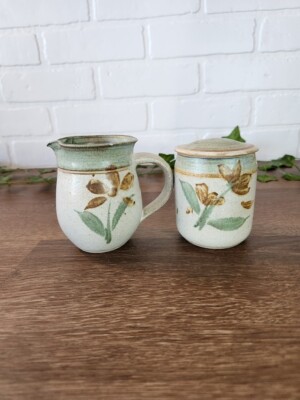 Handmade Studio Art Pottery Creamer and Sugar Bowl with Lid Set Stoneware Signed