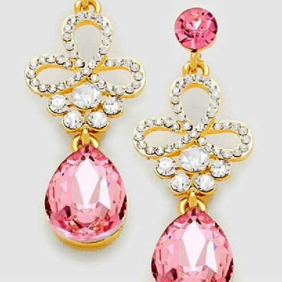 STUNNING PINK GLASS GOLD CRYSTAL EARRINGS PROM BRIDAL FORMAL