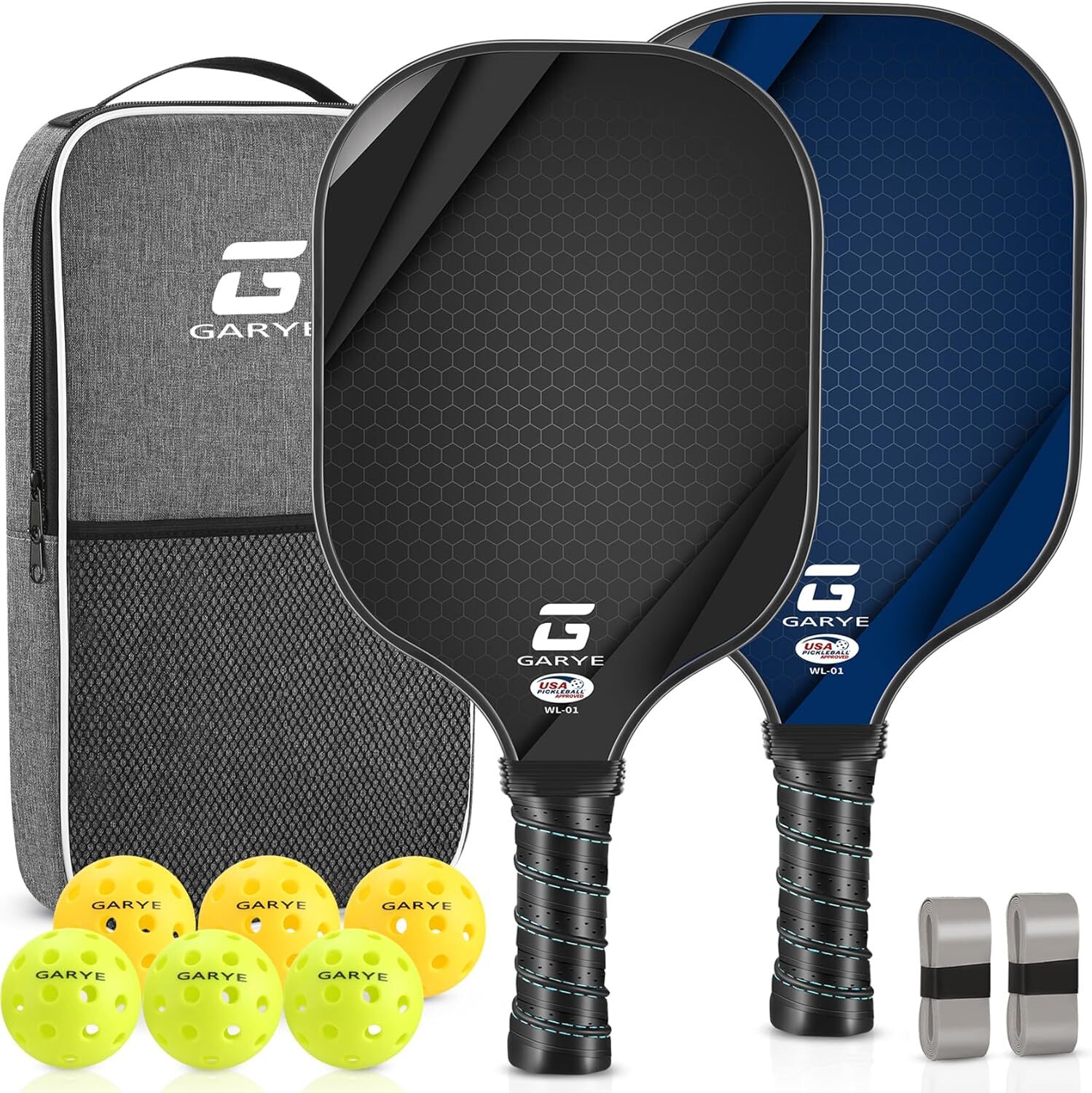 Paddles Set of 2,Lightweight Graphite Pickle Ball Rackets 2 Pack with 6 Balls