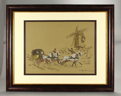 =De Marcillac, French (19th/20th C.) Gouache & Watercolor Stage Coach & Windmill