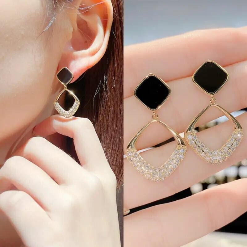 Fashion Black Square Shape Full Shiny Rhinestone Earrings Jewelry Women Gift New