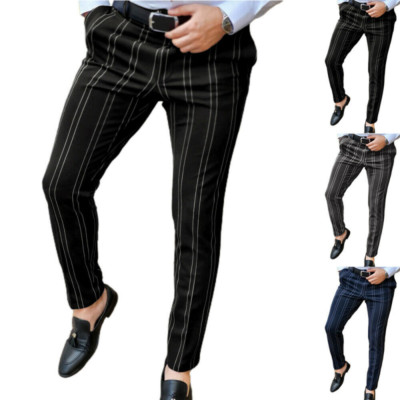Men's Casual Long Trousers Slim Fit Carrot Striped Skinny Pants Fashion