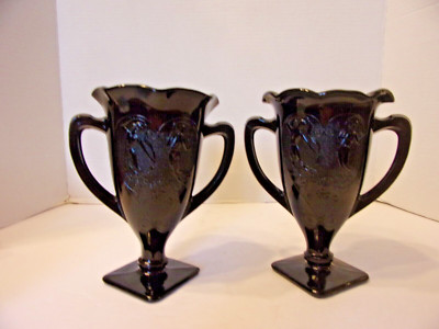 L.E. SMITH TWO BLACK TROPHY VASES W/DANCING LADIES