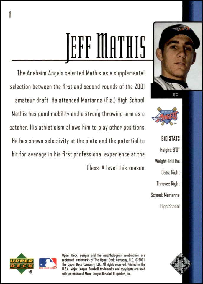 2001 Upper Deck Prospect Premieres #1 Jeff Mathis Rookie Anaheim Angels ...