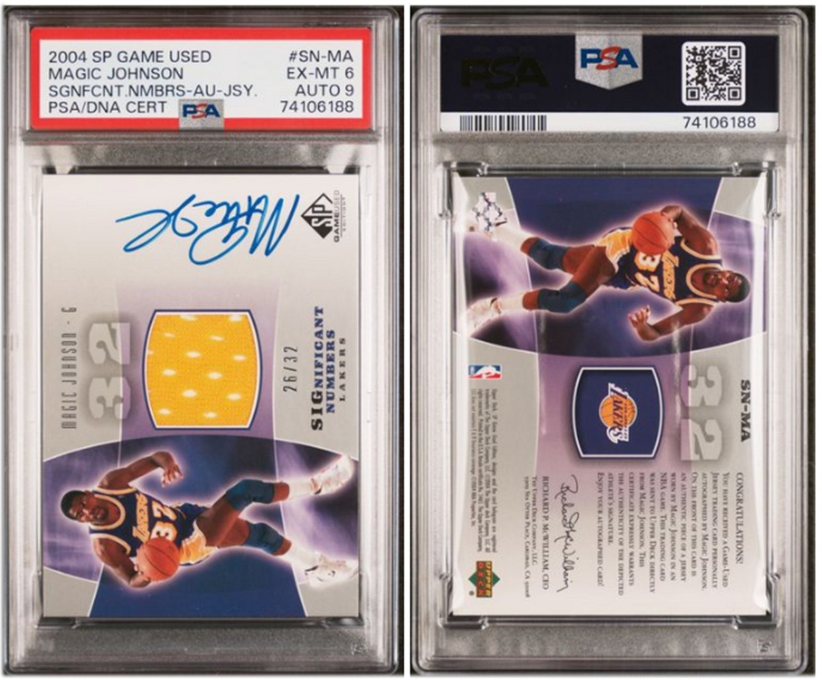 Magic Johnson 2004 Upper Deck SP Game Used 26/32 PSA 6 / 9 Auto LA
