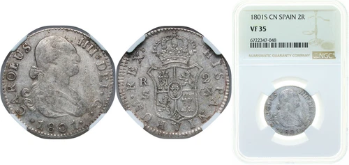 Spain 1801 S CN 2 Reales Silver 806 NGC VF 35