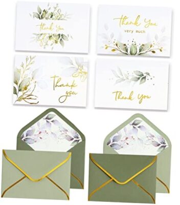Winoo Design 100 PK Luxurious Gold Thank You Cards with Envelopes Bulk Greenery