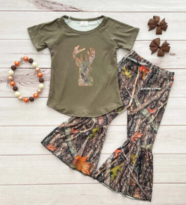 Country Little Baby Girls Boutique Outfit Camouflage Deer Bell Bottom Pants  Set
