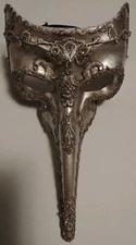 Mardi Gras Masquarade Venetian Long Nose Mask Silver With Embroidery