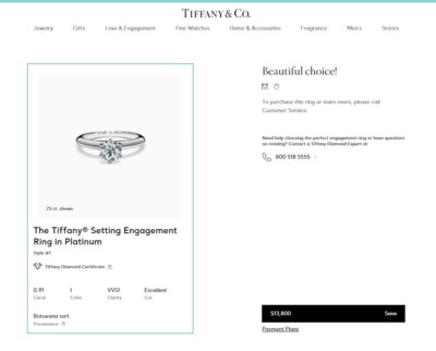 $13,800 Tiffany & Co Platinum 0.91ct I VVS1 Round Diamond