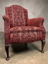 Vintage Armchair Red Upholstered Scroll Arms Cabriole Legs Fireside Chair