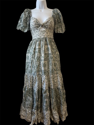 Abercrombie & Fitch XXSP Twist Front Tiered Maxi Dress Green White Cotton