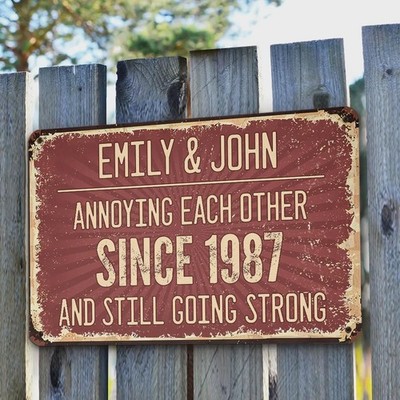 Personalized Anniversary Metal Sign: Funny Couple Gift, Custom Names & Date