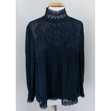 Ted Baker Top Womens Size 5 Blue Lace High Neck Sheer Sleeves Relaxed Cailley