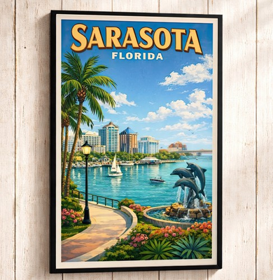 #ad Sarasota Florida Travel Poster Downtown Bayfront Wall Art Coastal City Print $18.01