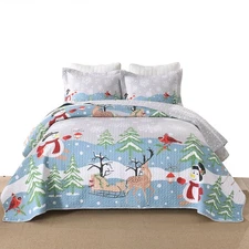 3 Pcs Winter Wonderland Reversible Bedspread Set Christmas Quilt BY215