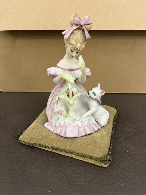 Lenwile Ardalt Girl with Cat on Velvet Pillow Pin Cushion Hand Painted