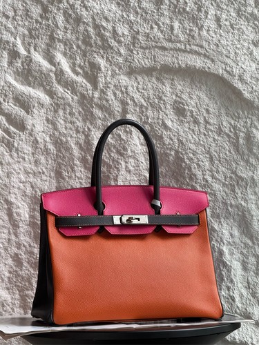 Hermes Birkin Medium Orange Pink Grey Tricolor SHW Epsom Calfskin Leather Auth