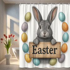 Adorable Easter Bunny Shower Curtain with Colorful Eggs Design