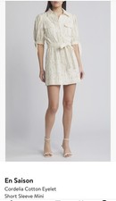 NWOT En Saison Cordelia Cotton Eyelet Mini Shirtdress Natural Large