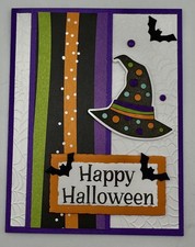 Stampin  Up Halloween Card Kit, Set of 5, Embossed, Bats, Witch Hat, Gems