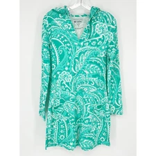 Coolibar M Medium Paisley Green White Hooded Dress UPF 50 Pockets