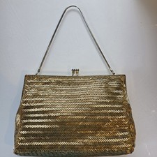 Vintage Walborg Gold Beaded Clutch Purse Glass Bugle Bead Evening Bag