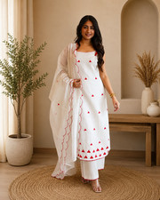 Indian White Cotton Suit Set with Dupatta, Women's Embroidered Kurta Set, 3 Piec
