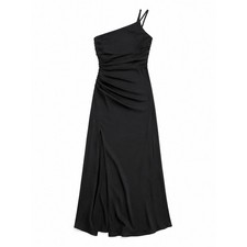 Azazie Eren Black Stretch Satin One Shoulder Ruched Bridesmaid Gown Dress Size 2