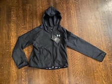 NWT Under Armour Girl's M Woven Reversible Windbreaker Hooded Jacket Black $60