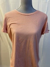 Liz Claiborne Shirt Womens Size Large Peach Striped Short Sleeve Button Sleeve