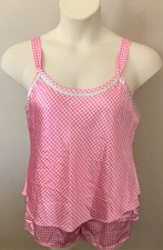 Maidenform Womens PAJAMA SET L Cami Top  Shorts 2pc PINK/WHITE CHECK SATIN