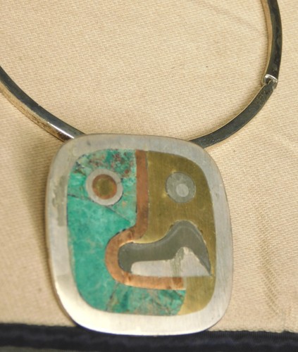 Vintage Modern Castillo Taxco Sterling Silver Turquoise Cubist Necklace Cubist