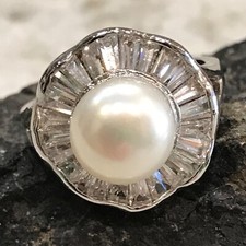 VTG Pearl Ring 18K GP Halo CZ Genuine FW Button Pave Cocktail Gold Plated Sz 9.5