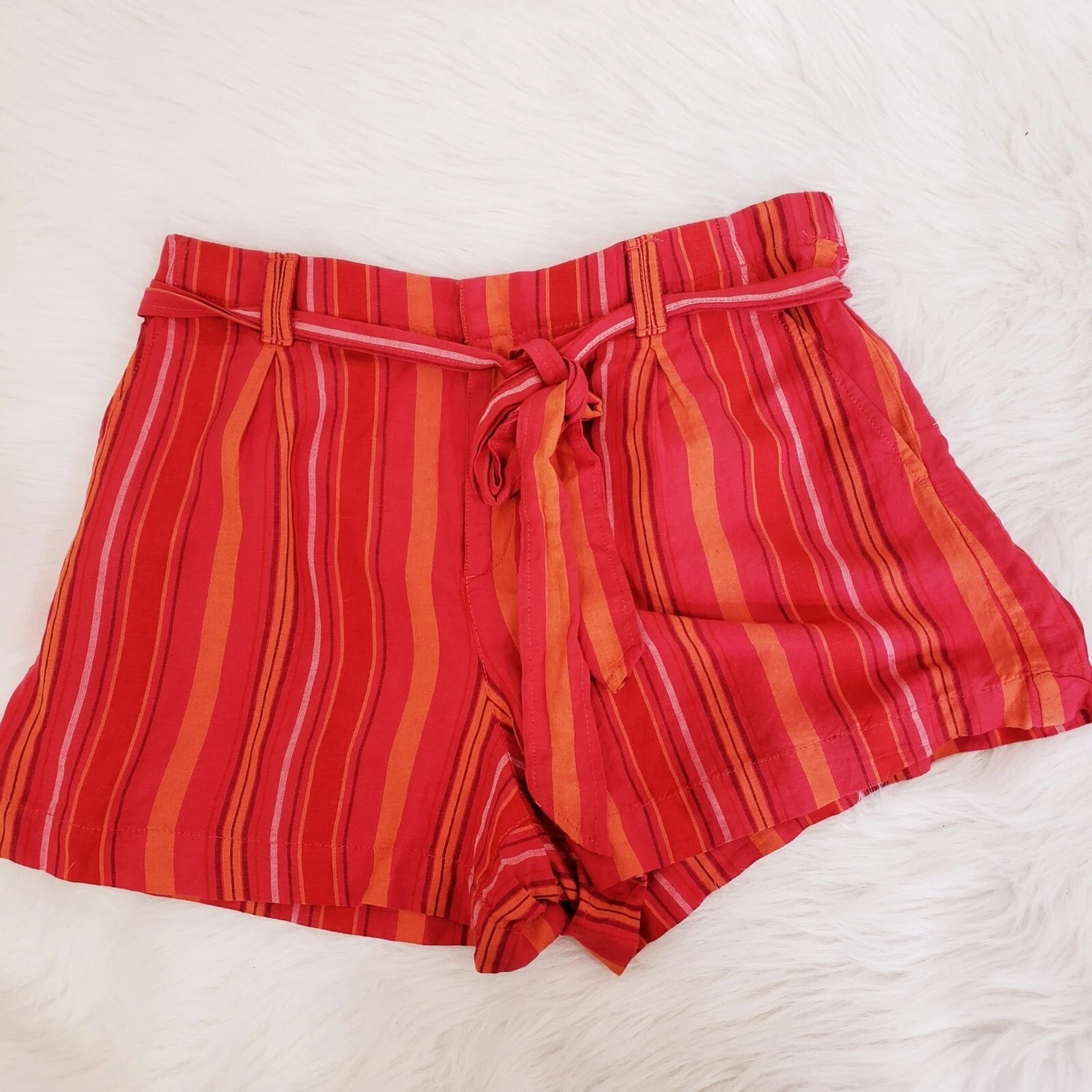 Loft NWOT linen blend striped tie front paper bag waist shorts womans size large