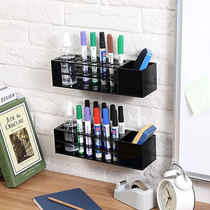 Wall Mount Black Clear Acrylic Whiteboard Marker & Accessories Holder, Set of 2