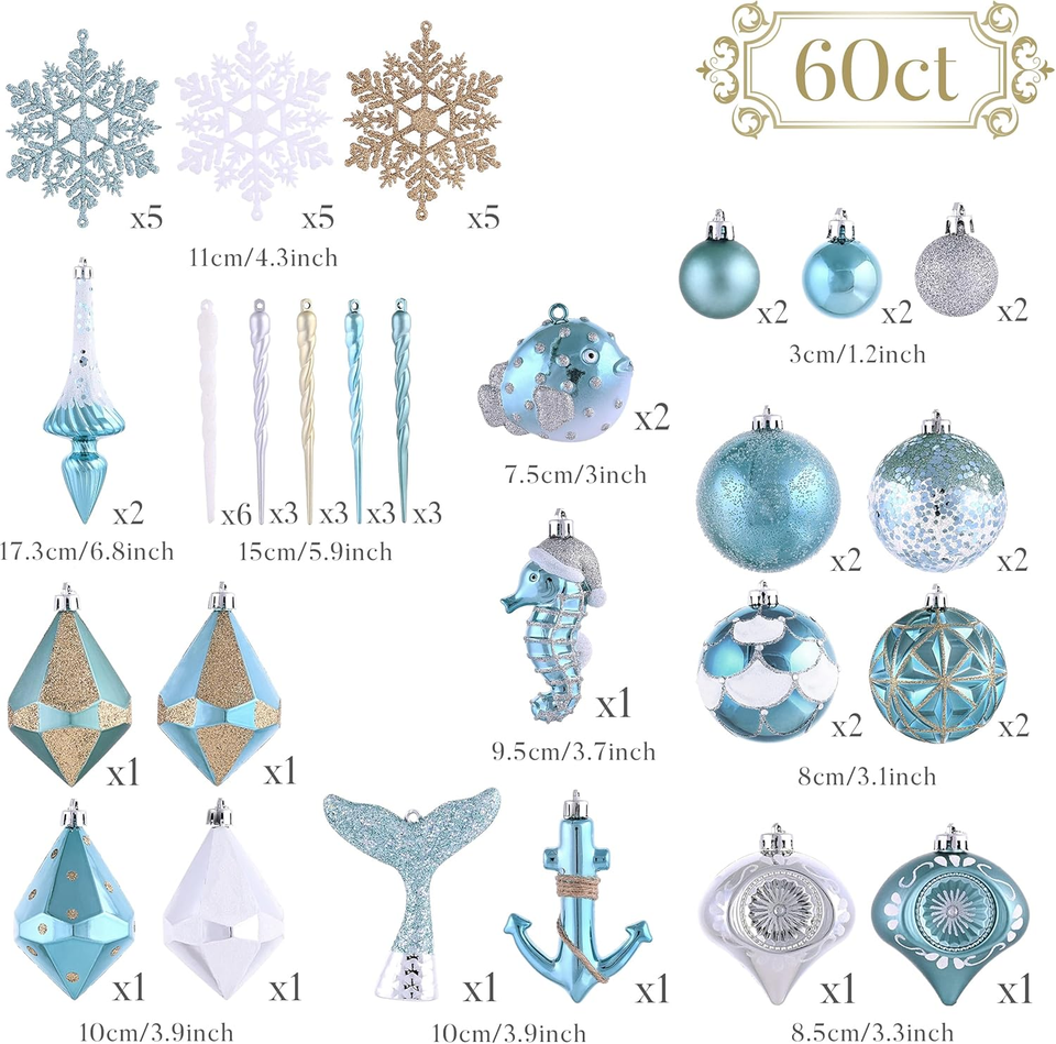 Christmas Tree Decorations Set, 60Ct Light Blue and Silver Shatterproof