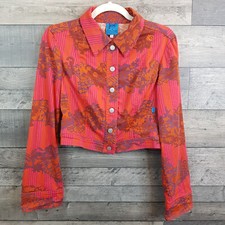Christian Lacroix Jeans Denim Jacket Uk 8 Pink Red Floral Funky Print Crop
