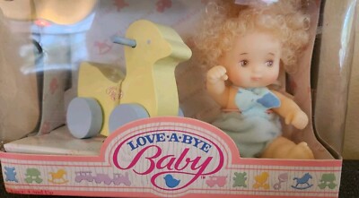 Vth 1987 Hasbro LOVE A BYE Baby Doll w/ Wood Duck Ride On, Nursery Blonde Hair