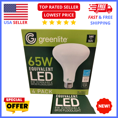 4 Greenlite LED BR30 Floodlight 8w = 65w 3000k Soft White E26 Base 670L Dimmable